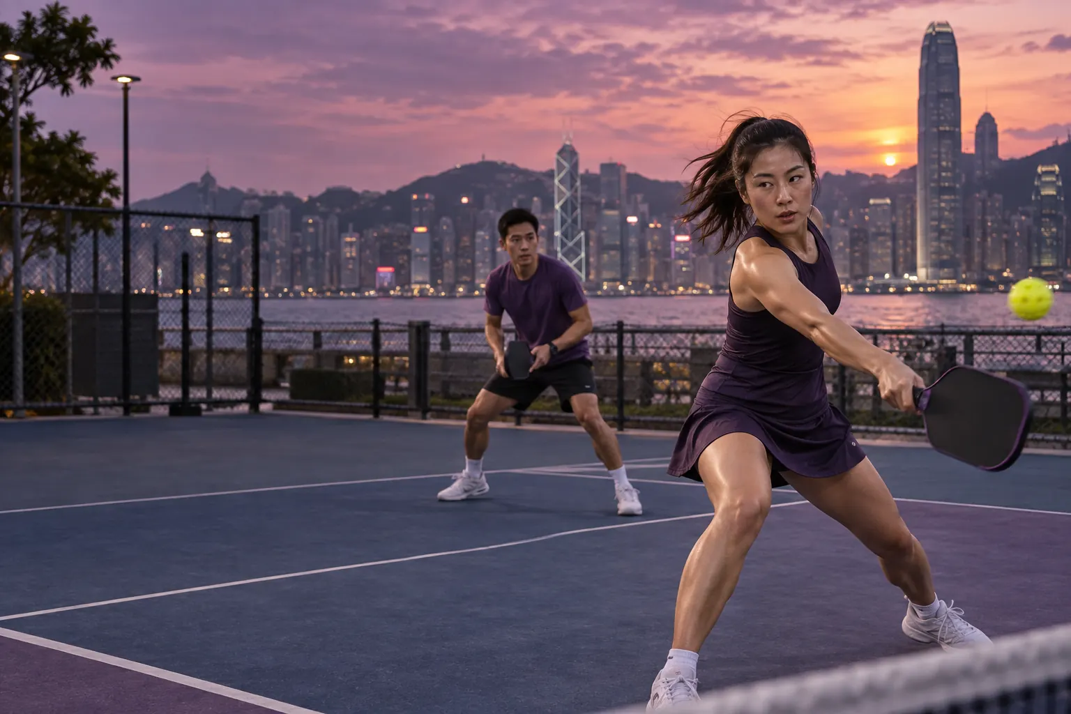 香港城市球場上穿紫色運動服的匹克球運動員,AI 示意圖片